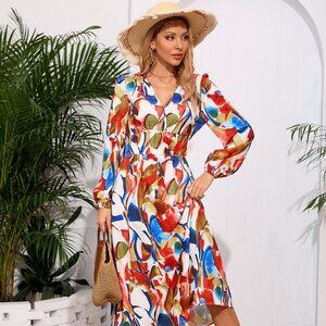 Printed Surplice Long Sleeve Midi Dress
